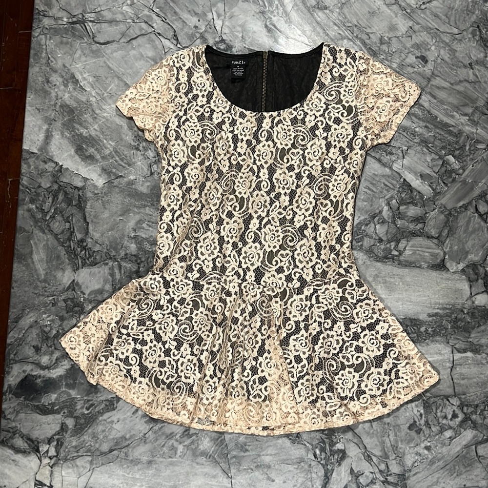Rue 21 Black, Lace Cream Overlay Peplum Top